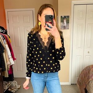 Express V Neck Blouse with Lace Detail Black and Yellow size Small